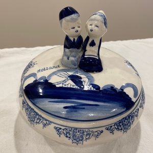 Vintage Delft Blue Trinket Box with Dutch Boy and Girl